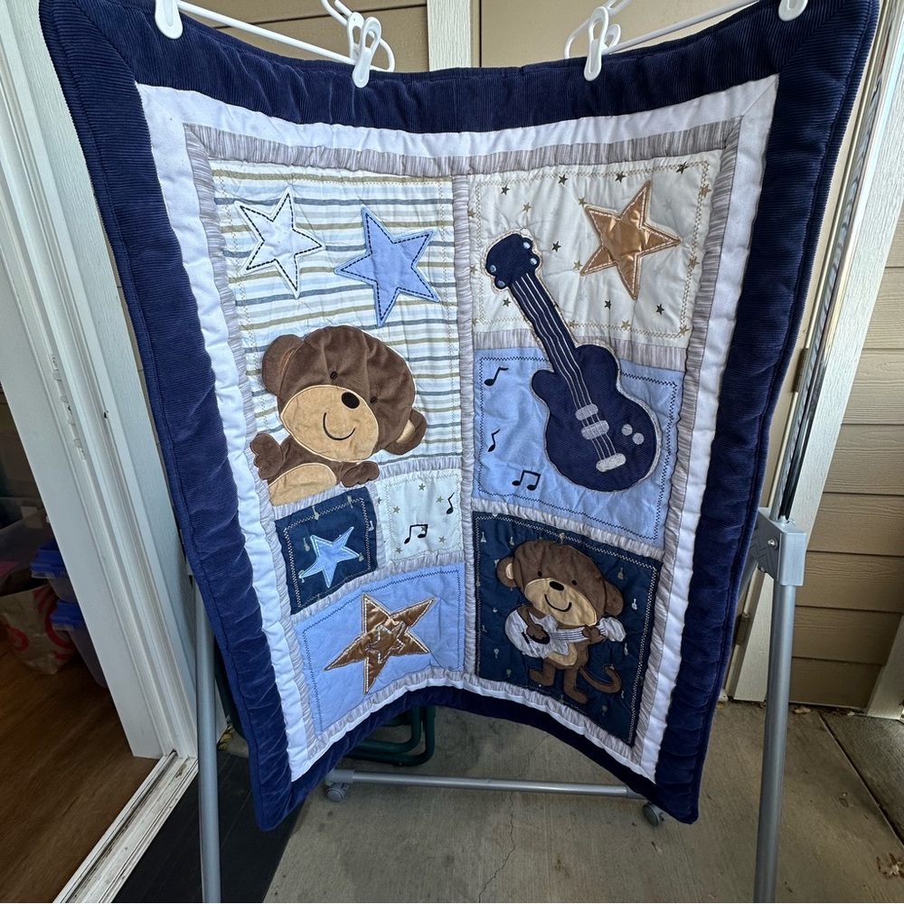 Adorable Monkey and Stars Baby Quilt - Blue and Brown - Picture 2 of 5